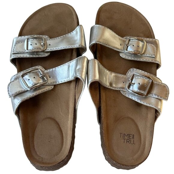 Time & Tru Metallic Silver Sandals w/Tan Cork Bottom Women's Size 9 (READ) - Picture 1 of 12